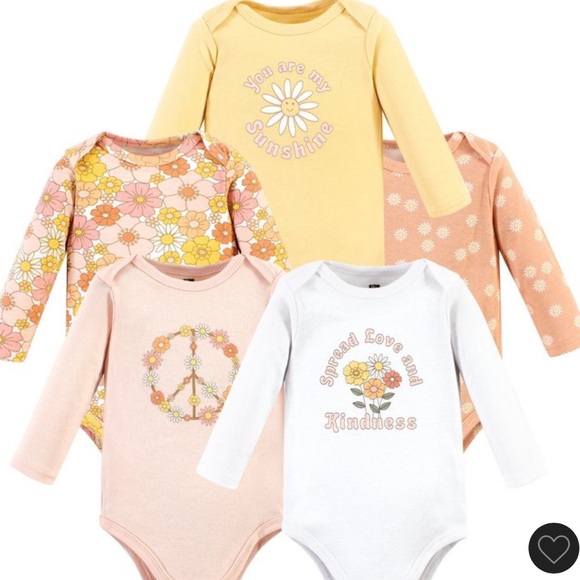Hudson Baby Girl Cotton Long-Sleeve Bodysuits, Peace Love Flowers 5 Pack 3-6 Mos - Picture 1 of 13